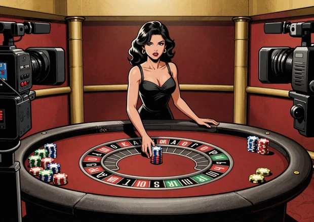 Live Casino Studio von 1Red Casino mit Roulette-Dealerin im Comic-Stil