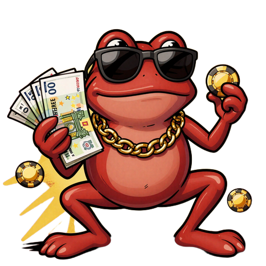 1Red Casino Maskottchen Frosch mit Goldkette und Euro-Scheinen im Comic-Stil
